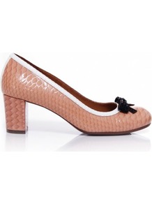 Nude Rainya Bow Front Shoes 5 Uk/38 Eu - predominant colour: nude; occasions: work, occasion; material: leather; heel height: high; embellishment: crystals, bow; heel: block; toe: round toe; style: courts; finish: patent; pattern: animal print, two-tone, colourblock