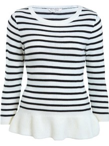 Stripe Peplum Jumper - neckline: round neck; pattern: horizontal stripes; style: standard; predominant colour: white; secondary colour: black; occasions: casual, work; length: standard; fibres: acrylic - 100%; fit: slim fit; waist detail: peplum detail at waist; back detail: embellishment at back; sleeve length: 3/4 length; sleeve style: standard; texture group: knits/crochet; pattern type: knitted - fine stitch; pattern size: small & light