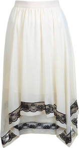 Cream Hanky Hem Skirt - pattern: plain; fit: loose/voluminous; waist: mid/regular rise; secondary colour: black; occasions: casual, evening, holiday; length: just above the knee; style: handkerchief; fibres: polyester/polyamide - 100%; hip detail: soft pleats at hip/draping at hip/flared at hip; waist detail: narrow waistband; texture group: sheer fabrics/chiffon/organza etc.; predominant colour: monochrome; trends: volume; pattern type: fabric; embellishment: lace