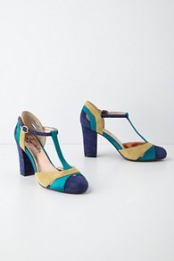 Zelda T Straps - secondary colour: navy; predominant colour: turquoise; occasions: evening, work, occasion; material: leather; heel height: high; ankle detail: ankle strap; heel: block; toe: pointed toe; style: t-bar; finish: plain; pattern: colourblock