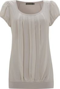 Stone Silk Panel Jersey Top - pattern: plain; waist detail: fitted waist; style: t-shirt; bust detail: ruching/gathering/draping/layers/pintuck pleats at bust; predominant colour: light grey; occasions: casual, evening, work, holiday; length: standard; neckline: scoop; fibres: viscose/rayon - stretch; fit: body skimming; sleeve length: short sleeve; sleeve style: standard; texture group: sheer fabrics/chiffon/organza etc.; pattern type: fabric