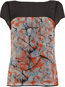 Zoe Print Top - style: t-shirt; shoulder detail: contrast pattern/fabric at shoulder; back detail: contrast pattern/fabric at back; predominant colour: bright orange; secondary colour: black; occasions: casual, evening, work, occasion; length: standard; fibres: viscose/rayon - 100%; fit: body skimming; neckline: crew; sleeve length: short sleeve; sleeve style: standard; texture group: silky - light; pattern type: fabric; pattern size: big & busy; pattern: patterned/print