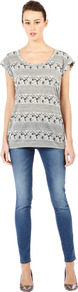 Floral Textured Stripe Tee - sleeve style: capped; length: below the bottom; style: t-shirt; secondary colour: charcoal; predominant colour: mid grey; occasions: casual, holiday; neckline: scoop; fibres: polyester/polyamide - mix; fit: body skimming; sleeve length: short sleeve; pattern type: fabric; pattern size: small & busy; pattern: patterned/print; texture group: jersey - stretchy/drapey