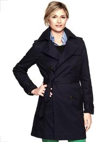 Trench Coat - pattern: plain; style: trench coat; fit: slim fit; collar: standard lapel/rever collar; length: mid thigh; predominant colour: navy; occasions: casual, work; fibres: cotton - 100%; waist detail: belted waist/tie at waist/drawstring; shoulder detail: discreet epaulette; back detail: back vent/flap at back; sleeve length: long sleeve; sleeve style: standard; texture group: cotton feel fabrics; collar break: medium; pattern type: fabric