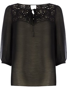 Black Gypsy Lace Top - pattern: plain; sleeve style: balloon; predominant colour: black; occasions: casual, evening, work, holiday; length: standard; neckline: peep hole neckline; fibres: polyester/polyamide - 100%; fit: straight cut; style: gypsy/peasant; bust detail: contrast pattern/fabric/detail at bust; back detail: keyhole/peephole detail at back; sleeve length: 3/4 length; texture group: sheer fabrics/chiffon/organza etc.; pattern type: fabric; embellishment: lace