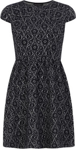 Black And Grey Damask Prom Dress - length: mid thigh; sleeve style: capped; pattern: paisley; secondary colour: mid grey; predominant colour: black; occasions: casual, evening, work; fit: fitted at waist & bust; style: fit & flare; fibres: polyester/polyamide - stretch; neckline: crew; sleeve length: short sleeve; texture group: ornate wovens; trends: statement prints, volume; pattern type: fabric; pattern size: small & busy