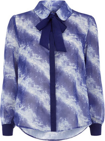 Blue Pussybow Print Blouse - sleeve style: extended cuff; neckline: pussy bow; style: blouse; secondary colour: white; predominant colour: navy; occasions: evening, work; length: standard; fibres: polyester/polyamide - stretch; fit: loose; back detail: longer hem at back than at front; sleeve length: extra long; texture group: sheer fabrics/chiffon/organza etc.; pattern type: fabric; pattern size: big & light; pattern: patterned/print