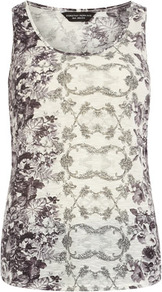 Grey/Black Floral Vest - sleeve style: sleeveless; style: vest top; predominant colour: ivory; secondary colour: charcoal; occasions: casual, evening, holiday; length: standard; neckline: scoop; fibres: polyester/polyamide - 100%; fit: body skimming; sleeve length: sleeveless; pattern type: fabric; pattern size: small & busy; pattern: patterned/print; texture group: jersey - stretchy/drapey