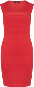 Pink Bandage Dress - fit: tight; pattern: plain; sleeve style: sleeveless; style: bodycon; predominant colour: true red; occasions: evening, occasion; length: just above the knee; fibres: polyester/polyamide - stretch; sleeve length: sleeveless; texture group: lycra/elastane mixes; neckline: low square neck; pattern type: fabric