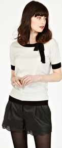 Tie Neck Top - neckline: round neck; pattern: plain; predominant colour: ivory; secondary colour: black; occasions: casual, evening, work; length: standard; style: top; fibres: cotton - stretch; fit: tailored/fitted; shoulder detail: added shoulder detail; sleeve length: short sleeve; sleeve style: standard; pattern type: fabric; texture group: other - light to midweight