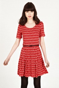 Bird Print Skater Dress - style: shift; neckline: round neck; fit: fitted at waist; waist detail: belted waist/tie at waist/drawstring; predominant colour: true red; occasions: casual; length: just above the knee; fibres: viscose/rayon - 100%; back detail: keyhole/peephole detail at back; sleeve length: short sleeve; sleeve style: standard; trends: volume; pattern type: fabric; pattern size: small & busy; pattern: patterned/print; texture group: jersey - stretchy/drapey