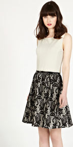 Bonded Lace Dress - pattern: plain; sleeve style: sleeveless; predominant colour: stone; secondary colour: black; occasions: evening, occasion; length: just above the knee; fit: fitted at waist & bust; style: fit & flare; fibres: polyester/polyamide - 100%; neckline: crew; hip detail: contrast fabric/print detail at hip; sleeve length: sleeveless; texture group: lace; pattern type: fabric; pattern size: standard