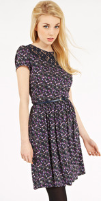 Ditsy Western Dress - style: shift; neckline: round neck; fit: fitted at waist; predominant colour: navy; occasions: casual, evening, work; length: just above the knee; fibres: viscose/rayon - 100%; bust detail: contrast pattern/fabric/detail at bust; back detail: keyhole/peephole detail at back; sleeve length: short sleeve; sleeve style: standard; trends: high impact florals; pattern type: fabric; pattern size: small & busy; pattern: florals; texture group: jersey - stretchy/drapey