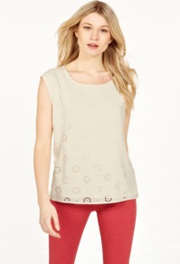 Laser Cut Top - neckline: shirt collar/peter pan/zip with opening; pattern: plain; sleeve style: sleeveless; predominant colour: stone; occasions: casual, evening, work, holiday; length: standard; style: top; fibres: polyester/polyamide - 100%; fit: body skimming; sleeve length: sleeveless; texture group: crepes; pattern type: fabric