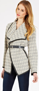 Waterfall Texture Jacket - style: single breasted blazer; collar: shawl/waterfall; length: below the bottom; fit: slim fit; secondary colour: ivory; predominant colour: light grey; occasions: casual, work; fibres: cotton - mix; waist detail: belted waist/tie at waist/drawstring; sleeve length: long sleeve; sleeve style: standard; texture group: cotton feel fabrics; collar break: low/open; pattern type: fabric; pattern size: standard; pattern: patterned/print