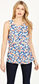 Snow Drop Shell Top - neckline: round neck; sleeve style: sleeveless; bust detail: ruching/gathering/draping/layers/pintuck pleats at bust; secondary colour: bright orange; occasions: casual, evening, work, holiday; length: standard; style: top; fibres: polyester/polyamide - 100%; fit: body skimming; predominant colour: multicoloured; sleeve length: sleeveless; pattern type: fabric; pattern size: small & busy; pattern: florals; texture group: other - light to midweight
