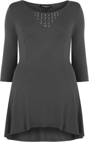 Scarlett & Jo Grey Embellished Front Skater Tunic - style: tunic; length: mini; neckline: round neck; fit: loose; pattern: plain; bust detail: added detail/embellishment at bust; predominant colour: charcoal; occasions: casual; fibres: viscose/rayon - stretch; back detail: longer hem at back than at front; sleeve length: 3/4 length; sleeve style: standard; pattern type: fabric; texture group: jersey - stretchy/drapey; embellishment: studs