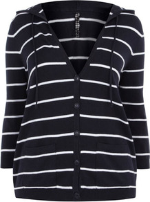 Navy Stripe Knitted Hoody - neckline: low v-neck; pattern: horizontal stripes; back detail: hood; style: sweat top; secondary colour: white; predominant colour: navy; occasions: casual; length: standard; fibres: cotton - mix; fit: body skimming; sleeve length: 3/4 length; sleeve style: standard; pattern type: fabric; pattern size: standard; texture group: jersey - stretchy/drapey