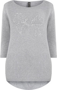 Grey Bow Motif Jumper - neckline: round neck; pattern: plain; bust detail: added detail/embellishment at bust; length: below the bottom; style: standard; predominant colour: light grey; occasions: casual; fibres: acrylic - mix; fit: standard fit; back detail: longer hem at back than at front; sleeve length: 3/4 length; sleeve style: standard; texture group: knits/crochet; pattern type: fabric; embellishment: crystals