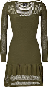Military Mesh Knit Dress - style: shift; fit: tight; pattern: plain; predominant colour: khaki; occasions: casual, evening; length: just above the knee; neckline: scoop; fibres: viscose/rayon - stretch; shoulder detail: discreet epaulette; sleeve length: long sleeve; sleeve style: standard; texture group: knits/crochet; hip detail: ruffles/tiers/tie detail at hip; pattern type: knitted - big stitch