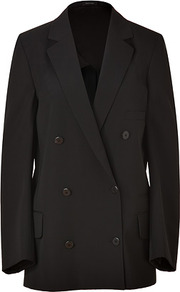 Black Double Breasted Wool Blazer - pattern: plain; style: double breasted blazer; length: below the bottom; collar: standard lapel/rever collar; predominant colour: black; occasions: casual, evening, work, occasion; fit: tailored/fitted; fibres: wool - 100%; sleeve length: long sleeve; sleeve style: standard; collar break: medium; pattern type: fabric; texture group: woven light midweight