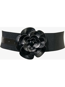 Faux Leather Rosette Belt - predominant colour: black; occasions: casual, evening, work, occasion; type of pattern: standard; style: elasticated; size: wide; worn on: waist; material: faux leather; pattern: plain; finish: plain; embellishment: corsage