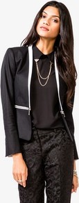 Zipper Waist Blazer - style: single breasted tuxedo; shoulder detail: shoulder pads; collar: shawl/waterfall; secondary colour: ivory; predominant colour: black; occasions: evening, occasion; length: standard; fit: tailored/fitted; fibres: cotton - stretch; sleeve length: long sleeve; sleeve style: standard; collar break: low/open; pattern type: fabric; pattern size: small & light; pattern: colourblock; texture group: woven light midweight