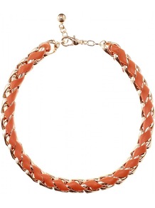 Leather Woven Chain Link Necklace - predominant colour: bright orange; secondary colour: gold; occasions: evening, work, occasion, holiday; style: choker/collar; length: short; size: small; material: chain/metal; finish: metallic; embellishment: chain/metal