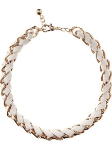 Leather Woven Chain Link Necklace - predominant colour: white; secondary colour: gold; occasions: casual, evening, work, occasion, holiday; style: choker/collar; length: short; size: standard; material: chain/metal; finish: metallic; embellishment: chain/metal