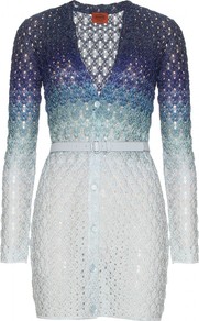 Crochet Knit Longline Cardigan - neckline: v-neck; style: belted; length: below the bottom; predominant colour: navy; occasions: casual, evening, work; fibres: polyester/polyamide - mix; fit: standard fit; waist detail: belted waist/tie at waist/drawstring; sleeve length: long sleeve; sleeve style: standard; texture group: knits/crochet; pattern type: knitted - big stitch; pattern size: standard; pattern: patterned/print