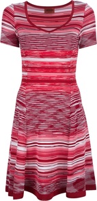 Knitted Dress - neckline: v-neck; waist detail: fitted waist; predominant colour: true red; occasions: casual, evening, work, holiday; length: just above the knee; fit: fitted at waist & bust; style: fit & flare; fibres: viscose/rayon - stretch; sleeve length: short sleeve; sleeve style: standard; texture group: knits/crochet; trends: volume; pattern type: knitted - fine stitch; pattern size: standard; pattern: patterned/print