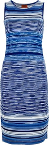 Knitted Dress - style: shift; length: mid thigh; neckline: round neck; sleeve style: sleeveless; predominant colour: royal blue; secondary colour: diva blue; occasions: casual, evening, occasion; fit: body skimming; sleeve length: sleeveless; texture group: knits/crochet; trends: statement prints; pattern type: knitted - other; pattern size: big & busy; pattern: patterned/print; fibres: viscose/rayon - mix