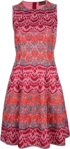 Sleeveless Dress - length: mid thigh; neckline: round neck; sleeve style: sleeveless; waist detail: fitted waist; predominant colour: hot pink; occasions: evening, occasion; fit: fitted at waist & bust; style: fit & flare; hip detail: structured pleats at hip; sleeve length: sleeveless; texture group: knits/crochet; trends: statement prints; pattern type: fabric; pattern size: big & busy; pattern: patterned/print; fibres: viscose/rayon - mix