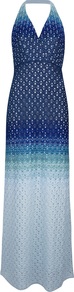 Halter Neck Maxi Dress - fit: empire; sleeve style: sleeveless; style: maxi dress; length: ankle length; neckline: halter neck; secondary colour: pale blue; predominant colour: navy; occasions: evening, holiday; fibres: viscose/rayon - 100%; hip detail: soft pleats at hip/draping at hip/flared at hip; sleeve length: sleeveless; trends: statement prints; pattern type: fabric; pattern size: big & busy; pattern: patterned/print; texture group: other - light to midweight