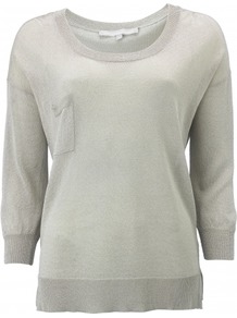 Dawn Jumper - neckline: round neck; bust detail: pocket detail at bust; style: standard; predominant colour: silver; occasions: casual; length: standard; fibres: polyester/polyamide - 100%; fit: standard fit; back detail: longer hem at back than at front; sleeve length: 3/4 length; sleeve style: standard; texture group: knits/crochet; trends: metallics; pattern type: knitted - fine stitch