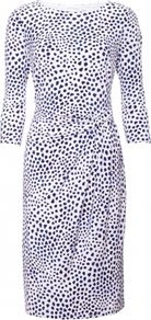 Etienne Dress - style: shift; neckline: round neck; fit: fitted at waist; waist detail: fitted waist, twist front waist detail/nipped in at waist on one side/soft pleats/draping/ruching/gathering waist detail; pattern: polka dot, patterned/print; predominant colour: ivory; occasions: casual, evening, work, occasion; length: just above the knee; fibres: polyester/polyamide - mix; hip detail: ruching/gathering at hip, soft pleats at hip/draping at hip/flared at hip; sleeve length: 3/4 length; sleeve style: standard; trends: glamorous day shifts; pattern type: fabric; pattern size: small & busy; texture group: jersey - stretchy/drapey