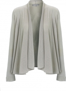 Rhian Cardigan - pattern: plain; neckline: shawl; bust detail: ruching/gathering/draping/layers/pintuck pleats at bust; style: open front; predominant colour: silver; occasions: casual, work; length: standard; fibres: polyester/polyamide - 100%; fit: loose; hip detail: dip hem; sleeve length: long sleeve; sleeve style: standard; texture group: knits/crochet; trends: metallics, volume; pattern type: knitted - other