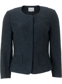 Versaille Jacket - pattern: plain, herringbone/tweed; style: cropped; length: cropped; hip detail: front pockets at hip; collar: high neck; predominant colour: navy; occasions: casual, evening, work; fit: tailored/fitted; fibres: cotton - mix; waist detail: fitted waist; sleeve length: long sleeve; sleeve style: standard; collar break: high; pattern type: fabric; pattern size: standard; texture group: tweed - light/midweight