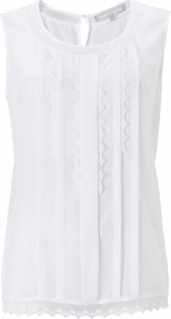 Clarisse Top - neckline: round neck; sleeve style: sleeveless; bust detail: ruching/gathering/draping/layers/pintuck pleats at bust; predominant colour: white; occasions: casual, holiday; length: standard; style: top; fibres: silk - mix; fit: straight cut; back detail: keyhole/peephole detail at back; sleeve length: sleeveless; texture group: cotton feel fabrics; pattern type: fabric; pattern size: standard; embellishment: embroidered