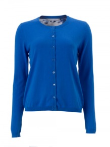 Lysanne Cardigan - neckline: round neck; pattern: plain; hip detail: fitted at hip; back detail: contrast pattern/fabric at back; bust detail: buttons at bust (in middle at breastbone)/zip detail at bust; predominant colour: royal blue; occasions: casual, work; length: standard; style: standard; fibres: cotton - 100%; fit: standard fit; sleeve length: long sleeve; sleeve style: standard; texture group: knits/crochet; trends: statement prints; pattern type: knitted - fine stitch; pattern size: standard