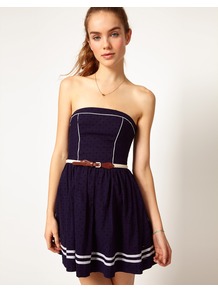 Hilfiger Denim Belted Strapless Dress - length: mini; neckline: strapless (straight/sweetheart); pattern: plain; sleeve style: strapless; bust detail: added detail/embellishment at bust; predominant colour: navy; occasions: casual, evening, holiday; fit: fitted at waist & bust; style: fit & flare; fibres: cotton - 100%; hip detail: soft pleats at hip/draping at hip/flared at hip; sleeve length: sleeveless; texture group: cotton feel fabrics; trends: glamorous day shifts; pattern type: fabric; pattern size: small & light; embellishment: embroidered
