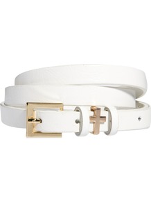 Skinny Cross Metal Keeper Waist Belt - predominant colour: white; occasions: casual, evening, work, occasion; style: classic; size: skinny; worn on: waist; material: faux leather; pattern: plain; finish: plain; embellishment: buckles, chain/metal