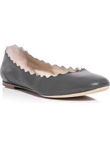 Scalloped Edge Flats - predominant colour: charcoal; occasions: casual, work; material: leather; heel height: flat; toe: round toe; style: ballerinas / pumps; finish: plain; pattern: plain