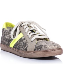 Hanson Trainers - predominant colour: taupe; occasions: casual; material: leather; heel height: flat; toe: round toe; style: trainers; trends: sporty redux, statement prints, fluorescent; finish: plain; pattern: animal print, colourblock
