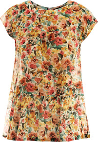 Comica Blouse - neckline: round neck; sleeve style: capped; style: blouse; waist detail: peplum waist detail; occasions: casual, work; length: standard; fibres: cotton - mix; fit: straight cut; predominant colour: multicoloured; sleeve length: short sleeve; texture group: sheer fabrics/chiffon/organza etc.; pattern type: fabric; pattern size: small & busy; pattern: florals