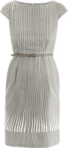 Kerria Dress - style: shift; neckline: round neck; sleeve style: capped; fit: tailored/fitted; pattern: vertical stripes, striped, patterned/print; waist detail: fitted waist, belted waist/tie at waist/drawstring; predominant colour: stone; occasions: casual, evening, work, occasion; length: just above the knee; fibres: cotton - mix; hip detail: contrast fabric/print detail at hip; sleeve length: short sleeve; texture group: cotton feel fabrics; trends: glamorous day shifts; pattern type: fabric; pattern size: standard