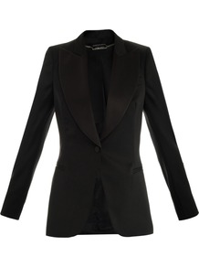Satin Lapel Tuxedo Jacket - pattern: plain; style: single breasted tuxedo; collar: wide lapels; predominant colour: black; occasions: evening, work, occasion; length: standard; fit: tailored/fitted; fibres: wool - mix; waist detail: fitted waist; shoulder detail: added shoulder detail; back detail: back vent/flap at back; sleeve length: long sleeve; sleeve style: standard; texture group: structured shiny - satin/tafetta/silk etc.; trends: tuxedo; collar break: low/open; pattern type: fabric