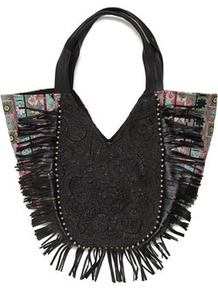 Nanna Embellished Woven Bag - predominant colour: black; occasions: casual, work; type of pattern: standard; style: tote; length: handle; size: standard; material: fabric; embellishment: embroidered, fringing, tassels; pattern: plain, patterned/print; finish: plain