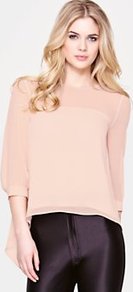 Petal Blouse - pattern: plain; sleeve style: balloon; style: blouse; predominant colour: nude; occasions: casual, evening, work; length: standard; fibres: polyester/polyamide - 100%; fit: straight cut; neckline: crew; bust detail: contrast pattern/fabric/detail at bust; back detail: longer hem at back than at front; sleeve length: 3/4 length; texture group: sheer fabrics/chiffon/organza etc.; pattern type: fabric