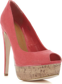 Sammie Coral Cork Court Shoe - predominant colour: coral; occasions: evening, occasion, holiday; material: fabric; heel height: high; heel: platform; toe: open toe/peeptoe; style: courts; finish: plain; pattern: plain